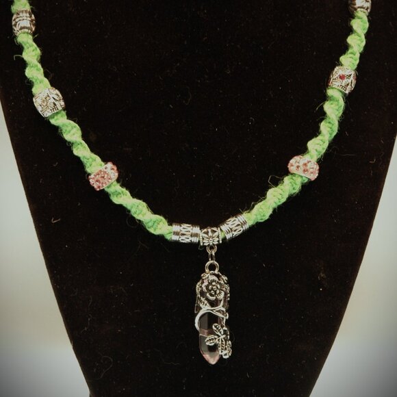 Flower Wrapped Pink Quartz Hexagon on a 19" Handmade Green Hemp Chain - Picture 3 of 6